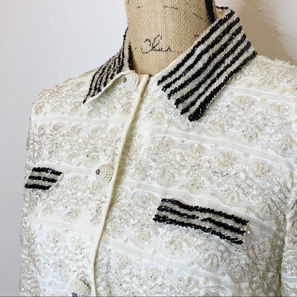 Vintage Belted Lace Button Up Shirt With Sequins and Beads - Picture 6 of 15